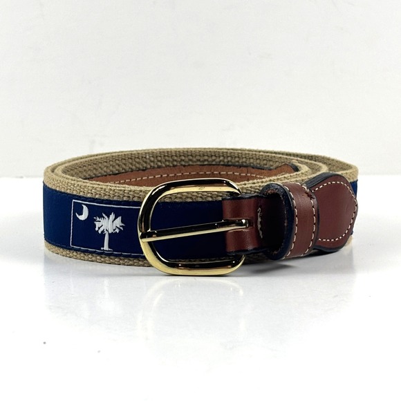Unbranded Other - South Carolina Palmetto Belt Mens 36 Blue Tan Webbed Brass Preppy Coastal